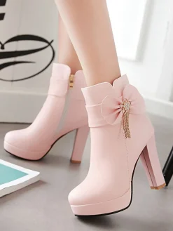 Discount Retro Stage Leather Bow High Heel Ankle Boots Pink