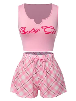New Retro Stage 1970s Baby Girl Tank Top & Plaid Shorts Pajamas Pink