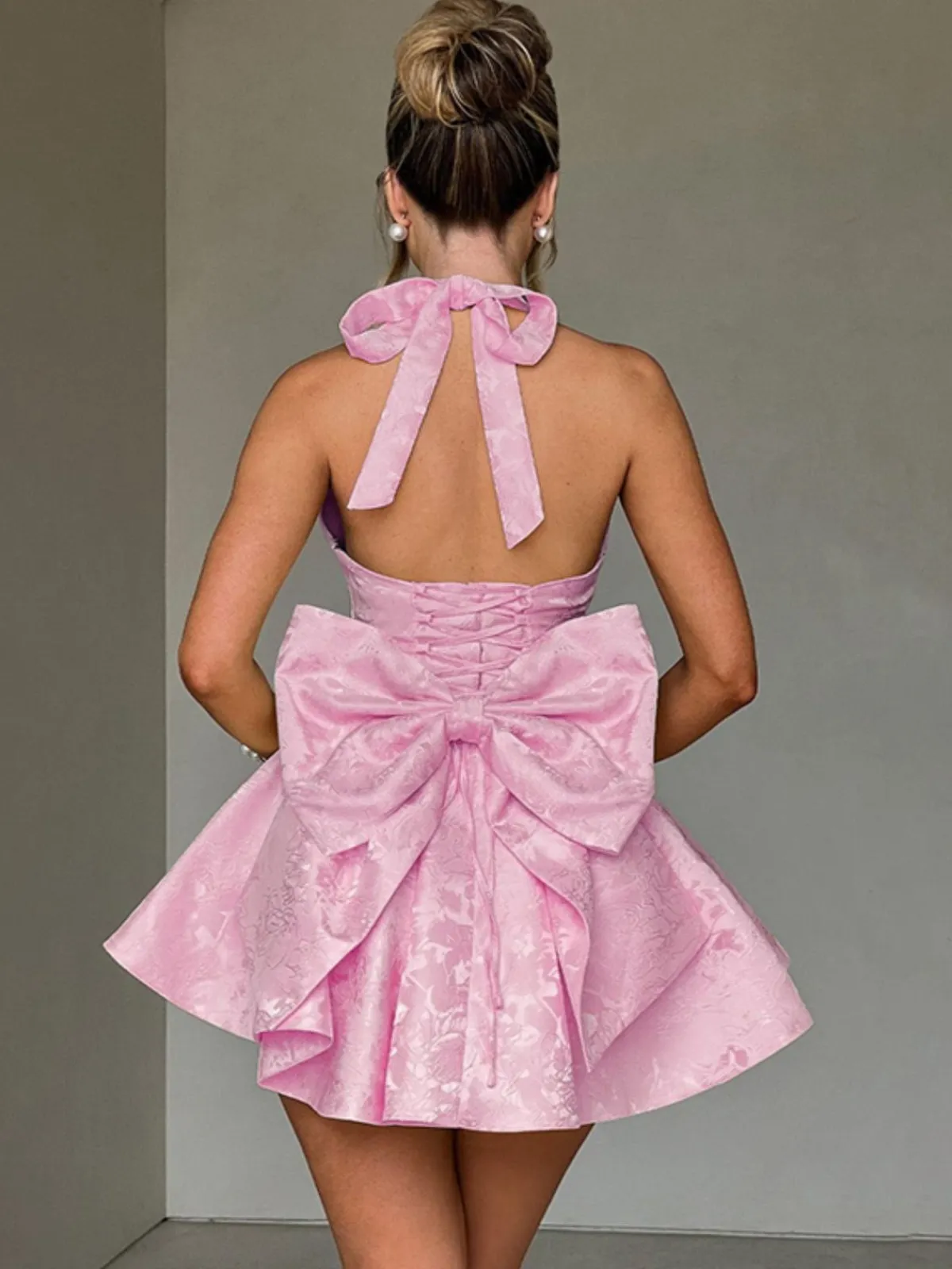 Fashion Retro Stage 1960s Back Bow Jacquard Floral Dress Pink