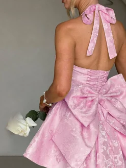 Fashion Retro Stage 1960s Back Bow Jacquard Floral Dress Pink