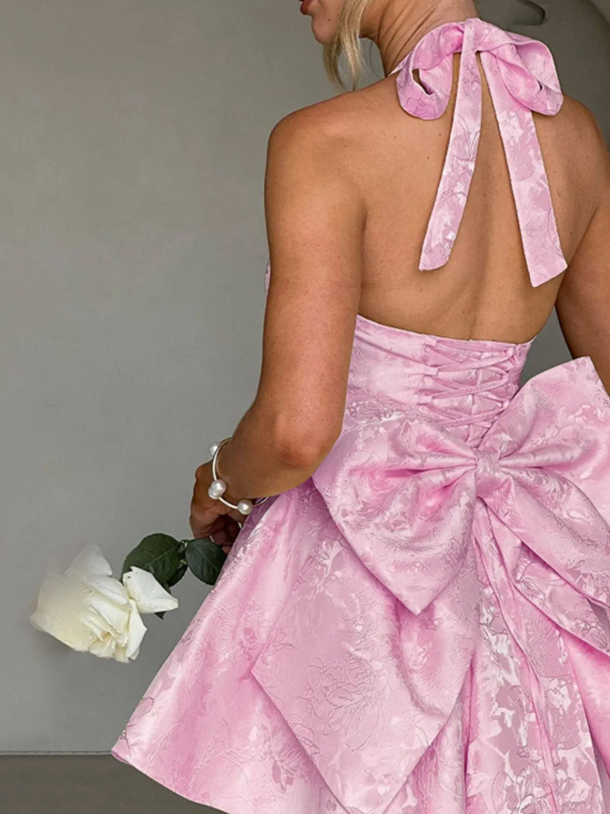 Fashion Retro Stage 1960s Back Bow Jacquard Floral Dress Pink