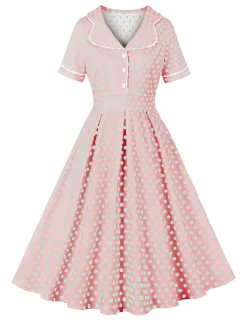 Discount Retro Stage 1950s Blue Polka Dot Lapel Dress Pink
