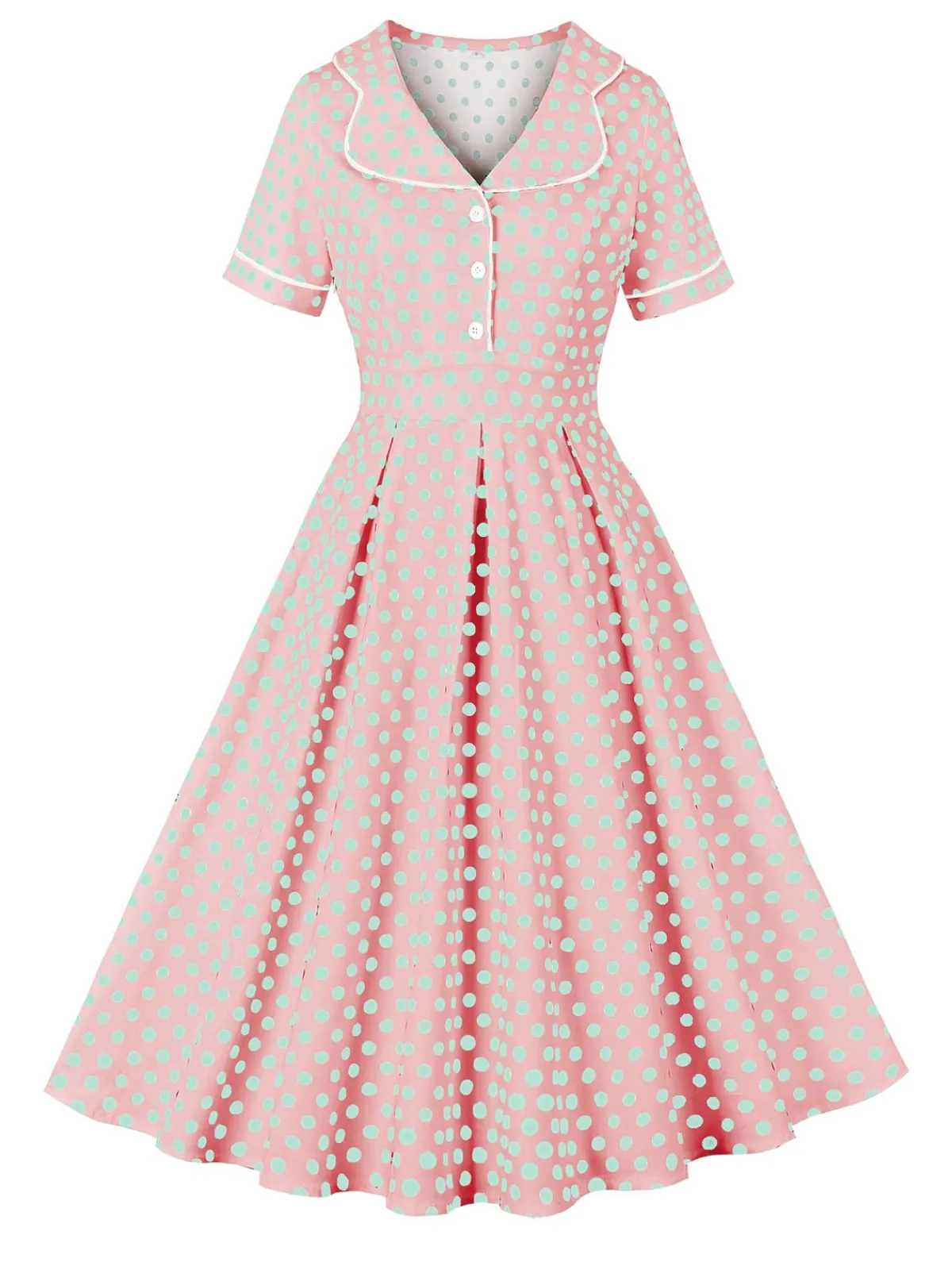Discount Retro Stage 1950s Blue Polka Dot Lapel Dress Pink