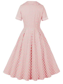 Discount Retro Stage 1950s Blue Polka Dot Lapel Dress Pink