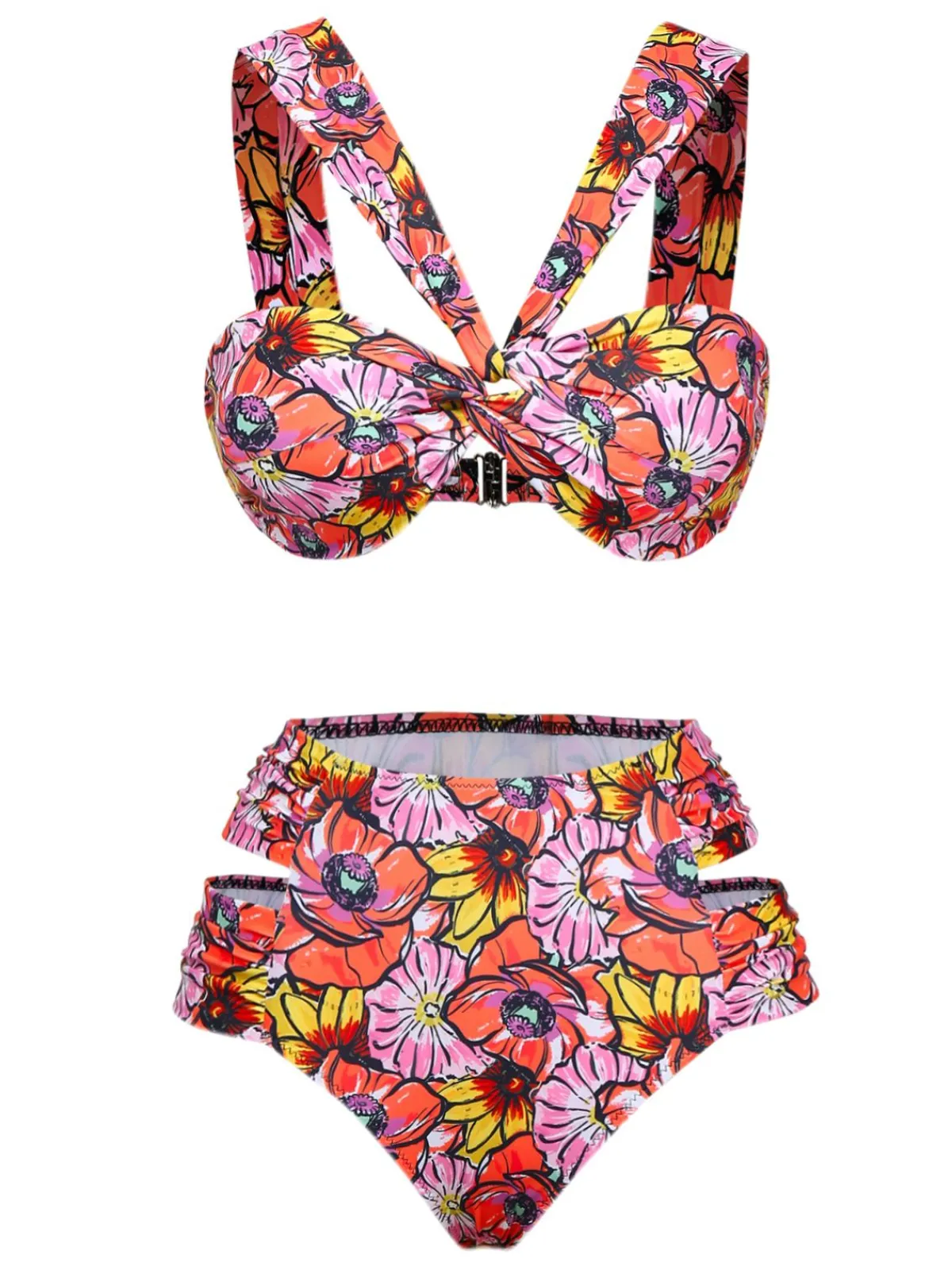 Sale Retro Stage 1970s Boho Floral Cross Neck Swimsuit Pink