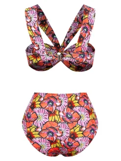 Sale Retro Stage 1970s Boho Floral Cross Neck Swimsuit Pink