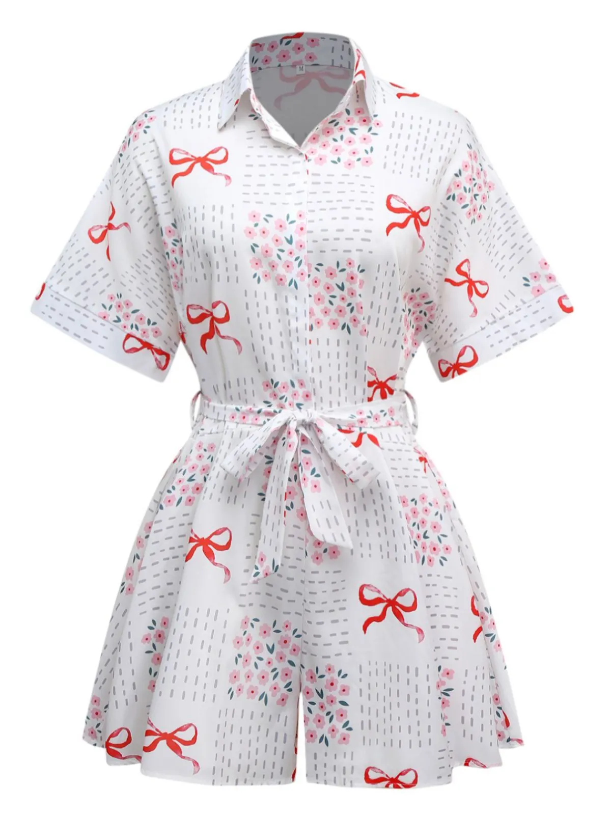 Best Retro Stage 1950s Bow & Floral Belted Lapel Romper Pink