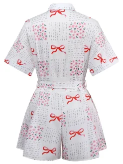 Best Retro Stage 1950s Bow & Floral Belted Lapel Romper Pink