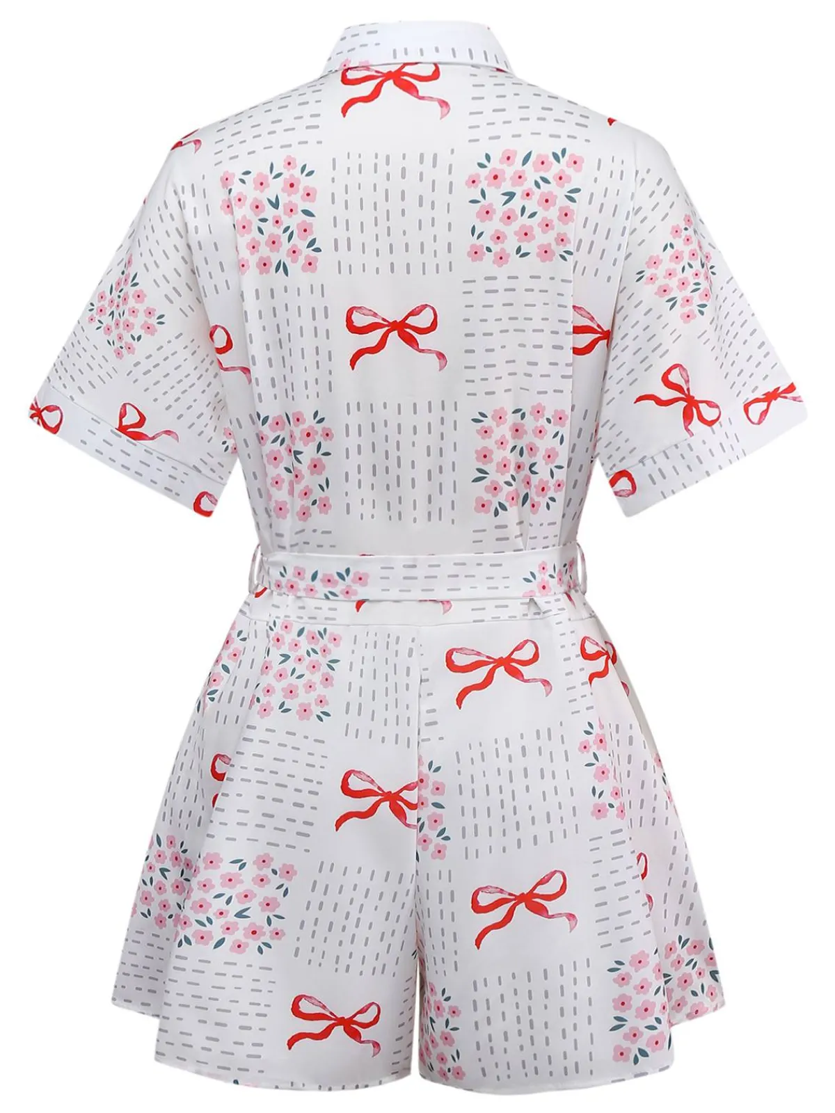 Best Retro Stage 1950s Bow & Floral Belted Lapel Romper Pink