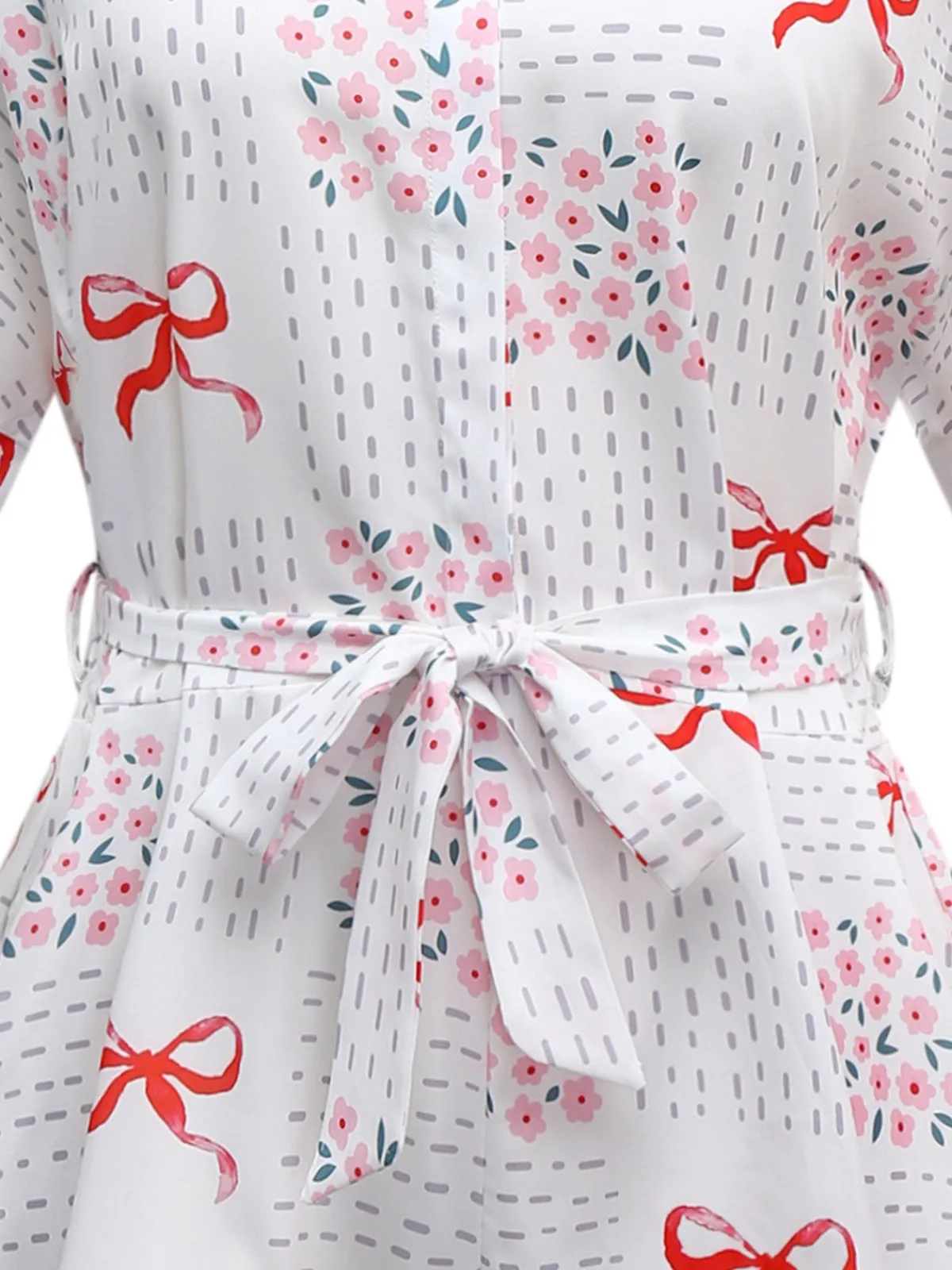 Best Retro Stage 1950s Bow & Floral Belted Lapel Romper Pink