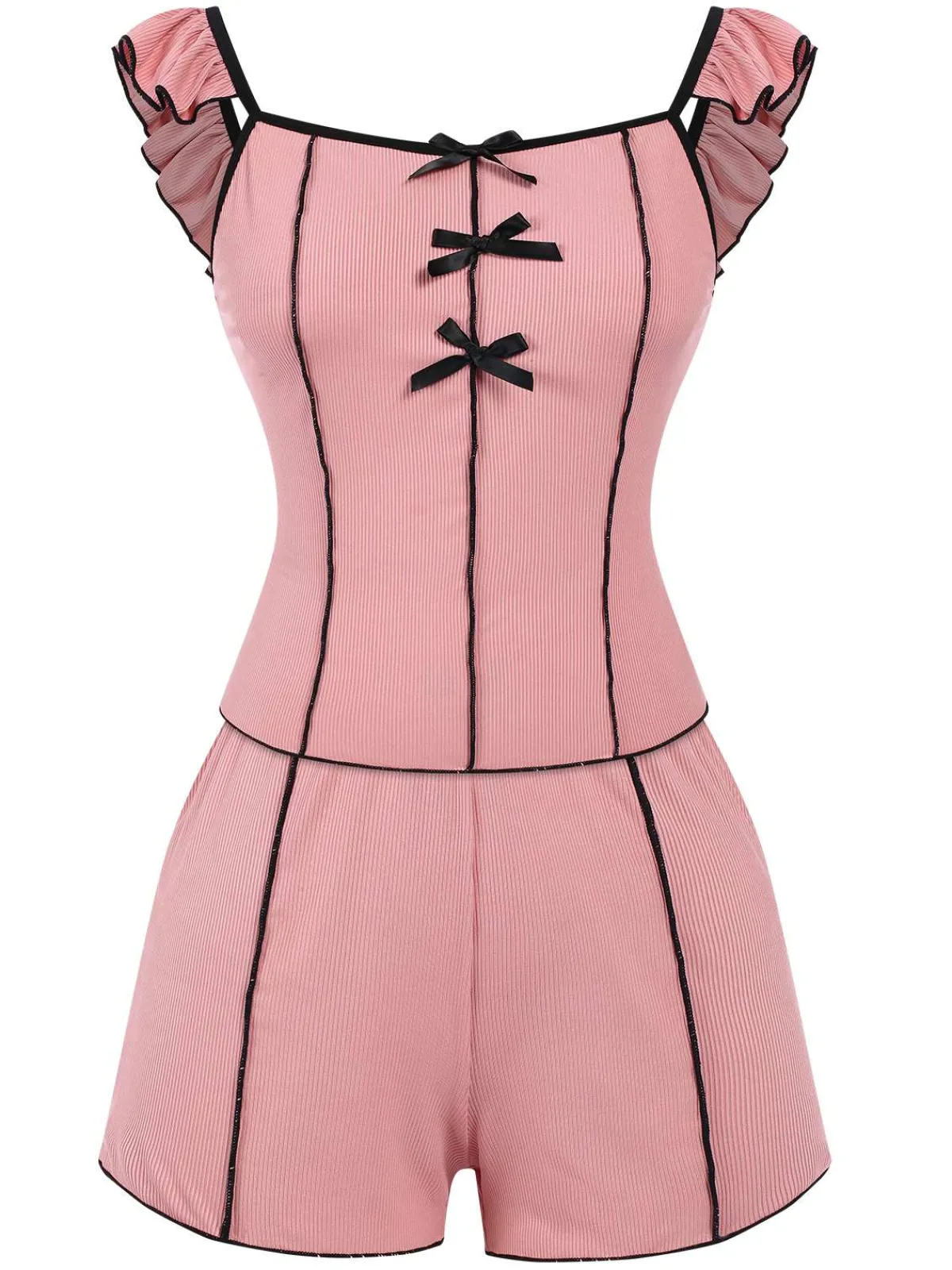 Outlet Retro Stage 1950s Bow Binding Ruffle Straps Pajamas Pink