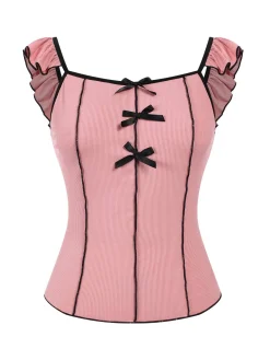 Outlet Retro Stage 1950s Bow Binding Ruffle Straps Pajamas Pink