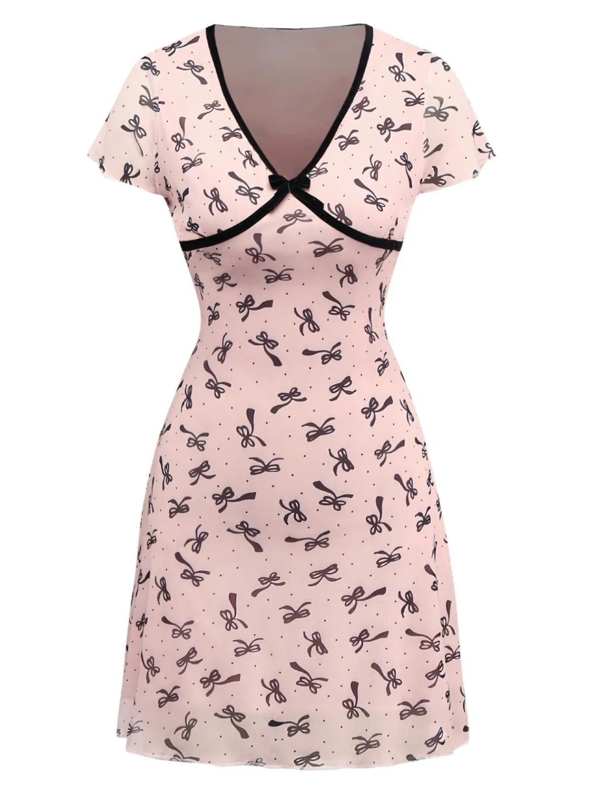 Outlet Retro Stage 1960s Bow Print V-Neck Mesh Dress Pink