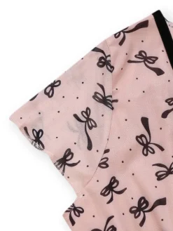 Outlet Retro Stage 1960s Bow Print V-Neck Mesh Dress Pink