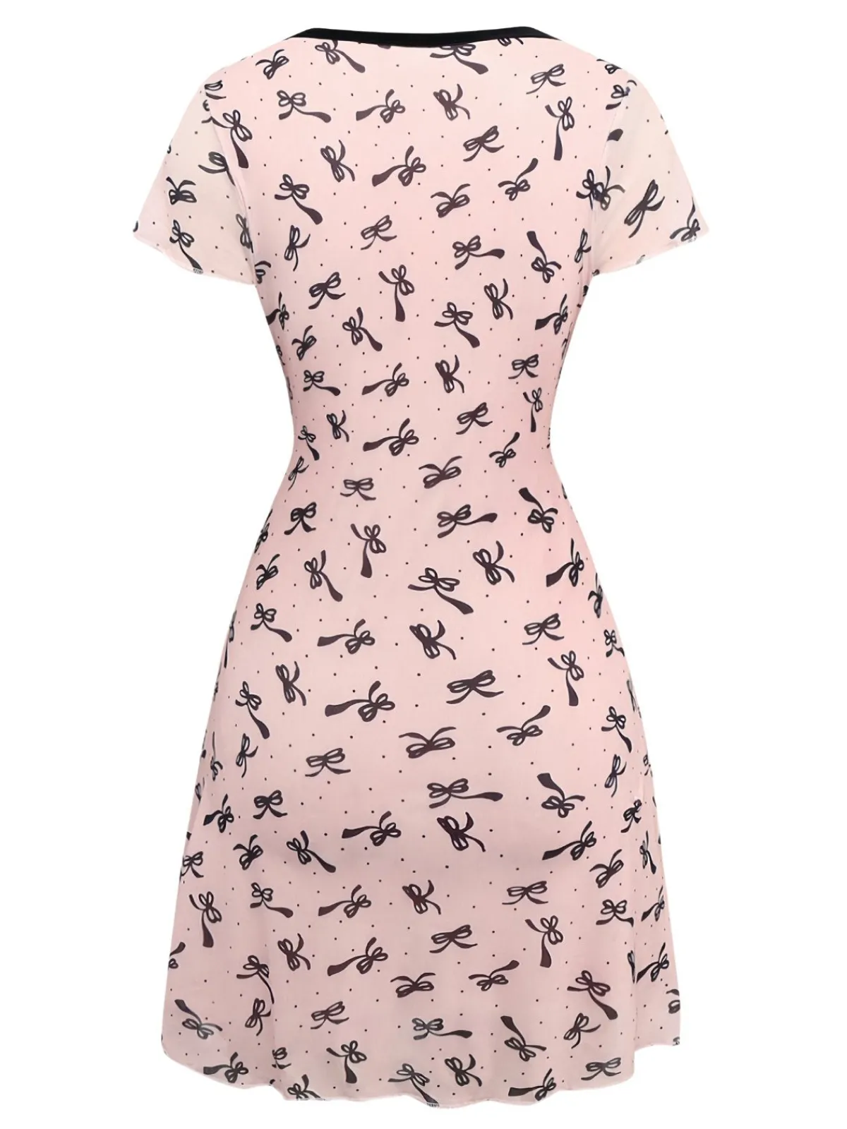 Outlet Retro Stage 1960s Bow Print V-Neck Mesh Dress Pink
