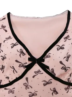 Outlet Retro Stage 1960s Bow Print V-Neck Mesh Dress Pink