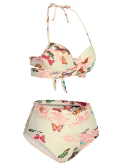 Online Retro Stage 1940s Butterfly Back Lace Up Halter Swimsuit Pink