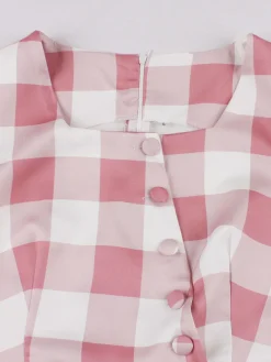 Fashion Retro Stage Pink 1950s Button Bow Gingham Plaid Dress Dark Pink
