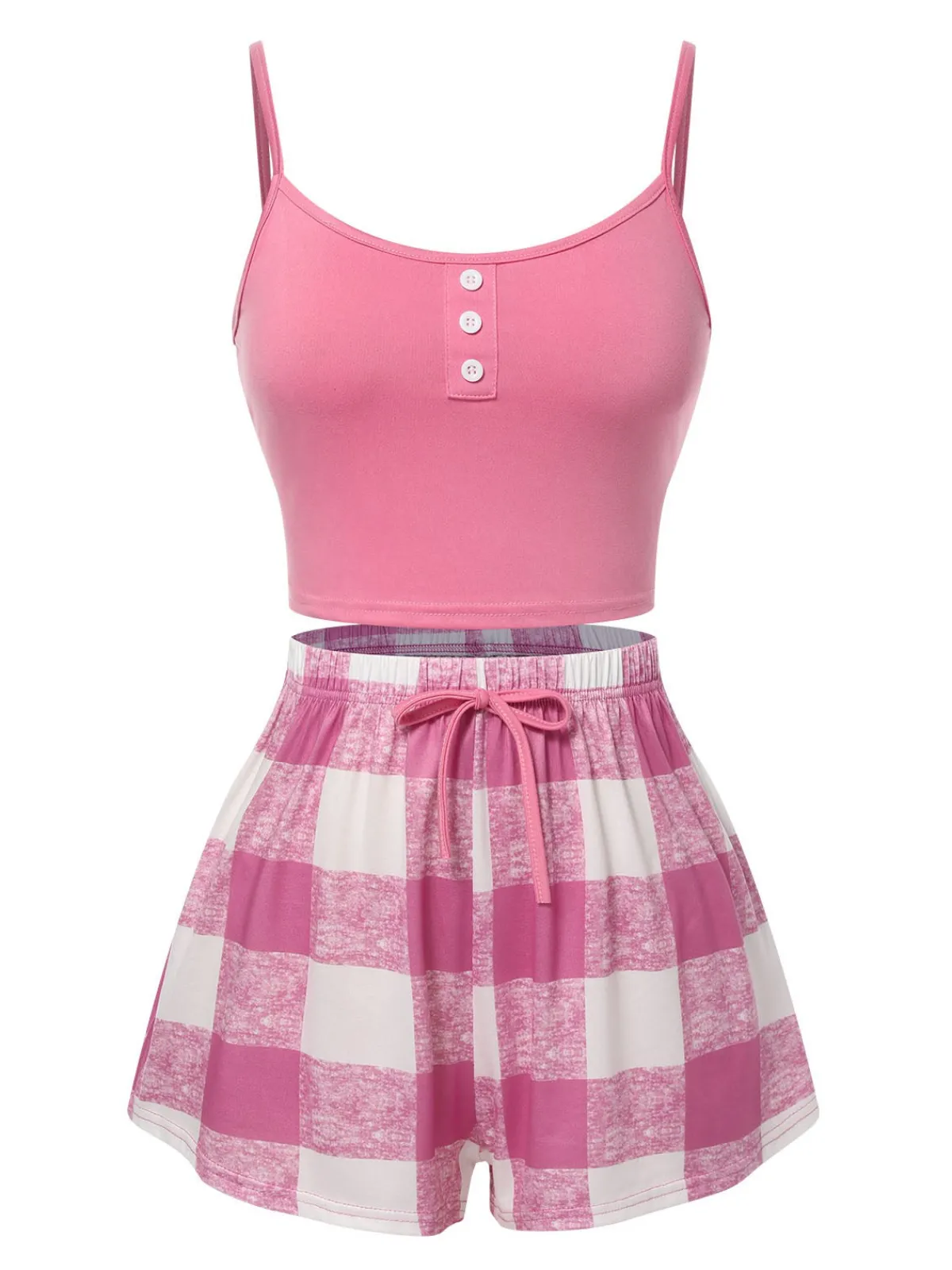 Discount Retro Stage 1970s Camisole Top & Plaid Shorts Pajamas Pink