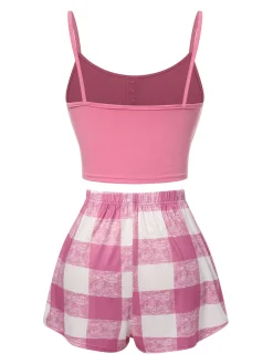 Discount Retro Stage 1970s Camisole Top & Plaid Shorts Pajamas Pink