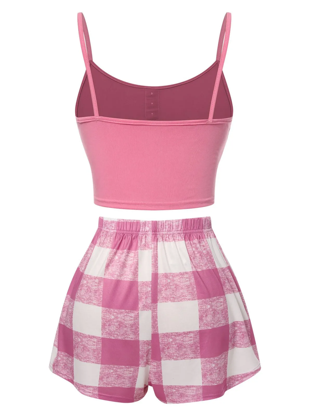 Discount Retro Stage 1970s Camisole Top & Plaid Shorts Pajamas Pink