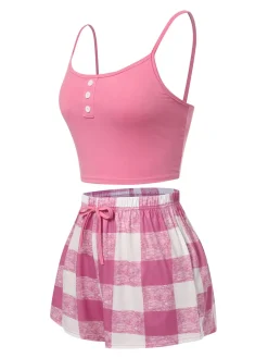 Discount Retro Stage 1970s Camisole Top & Plaid Shorts Pajamas Pink