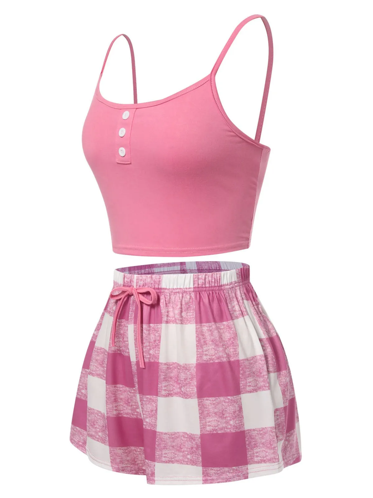 Discount Retro Stage 1970s Camisole Top & Plaid Shorts Pajamas Pink