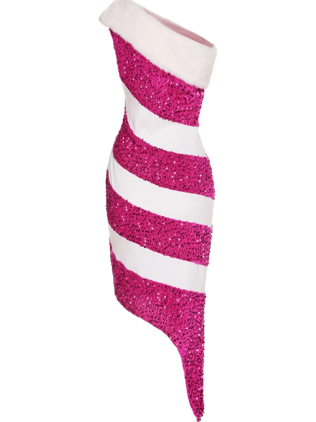 Online Retro Stage Pink 1960s Candy Cane One-Shoulder Dress