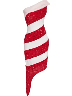 Online Retro Stage Pink 1960s Candy Cane One-Shoulder Dress
