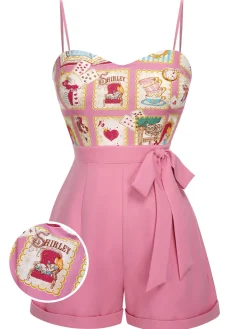 New Retro Stage 1950s Cartoon Pattern Spaghetti Strap Romper Pink