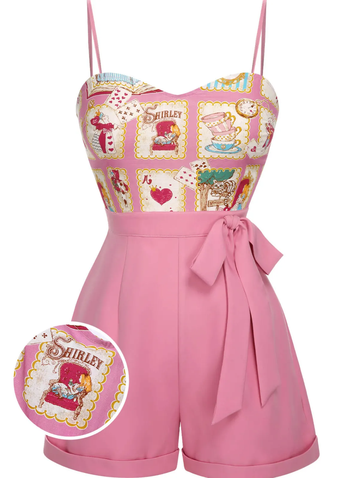 New Retro Stage 1950s Cartoon Pattern Spaghetti Strap Romper Pink