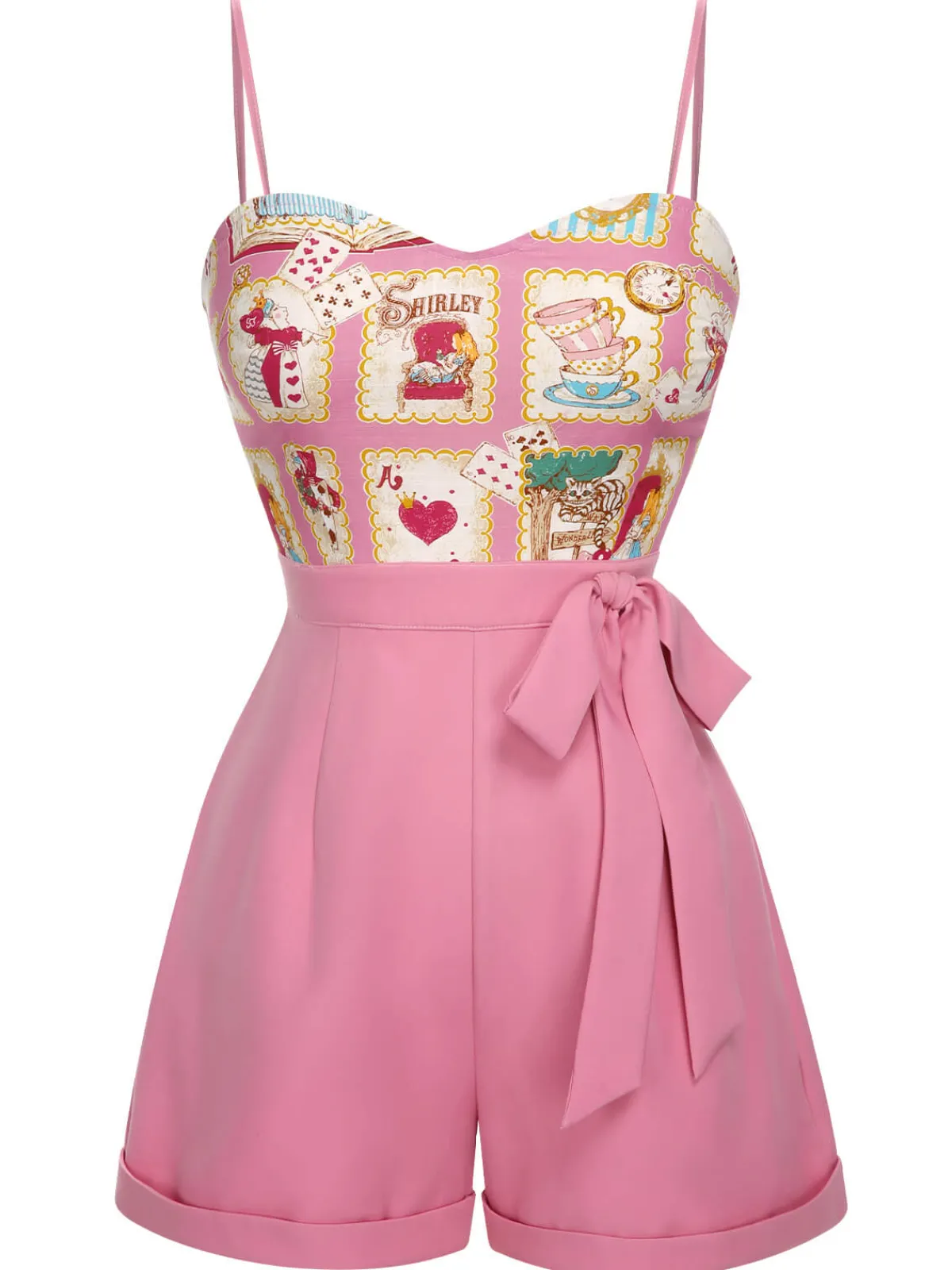 New Retro Stage 1950s Cartoon Pattern Spaghetti Strap Romper Pink