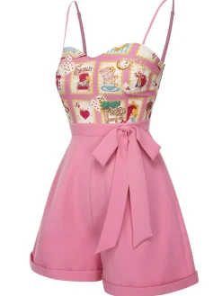 New Retro Stage 1950s Cartoon Pattern Spaghetti Strap Romper Pink