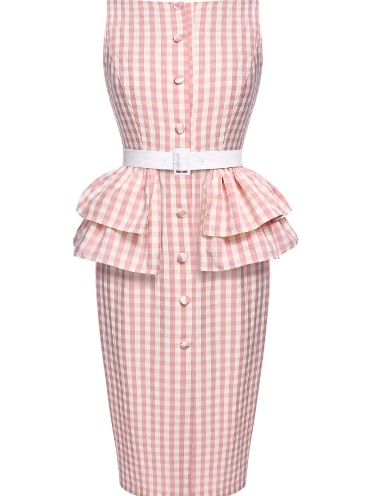 Online Retro Stage 1960s Checked Belted Pencil Dress Pink