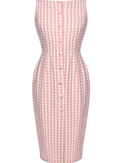Online Retro Stage 1960s Checked Belted Pencil Dress Pink