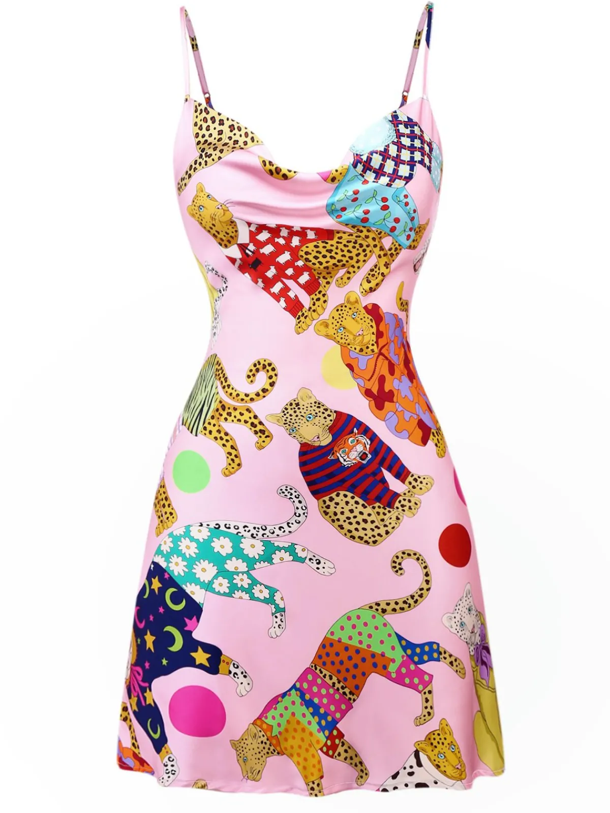 New Retro Stage 1970s Cheetah Print Satin Slip Nightdress Pink
