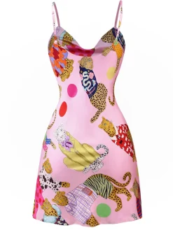 New Retro Stage 1970s Cheetah Print Satin Slip Nightdress Pink