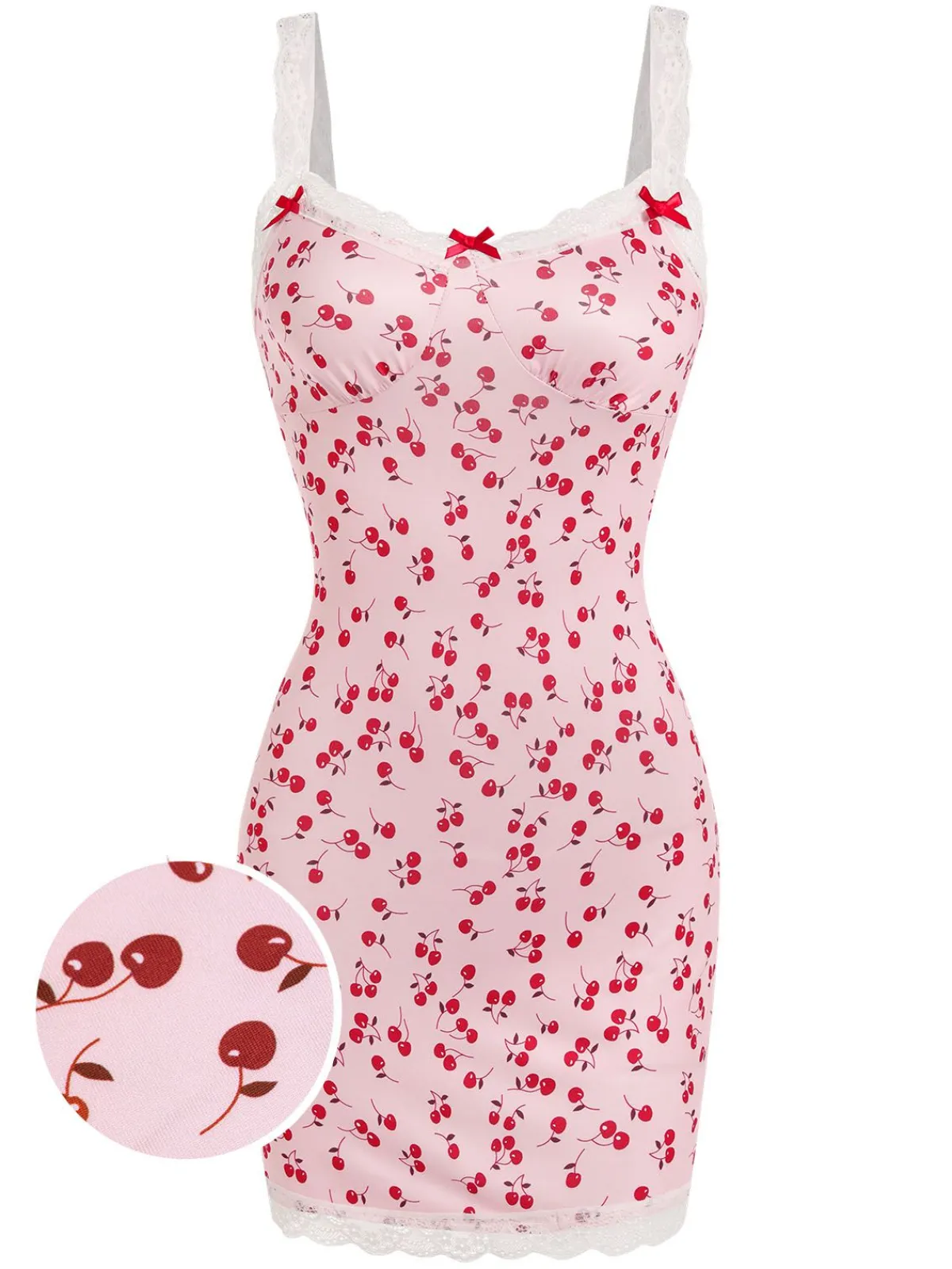 Fashion Retro Stage 1950s Cherry Lace Spaghetti Straps Sleepwear Pink
