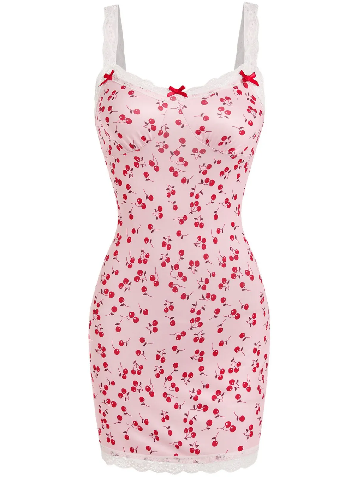 Fashion Retro Stage 1950s Cherry Lace Spaghetti Straps Sleepwear Pink