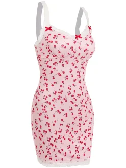 Fashion Retro Stage 1950s Cherry Lace Spaghetti Straps Sleepwear Pink