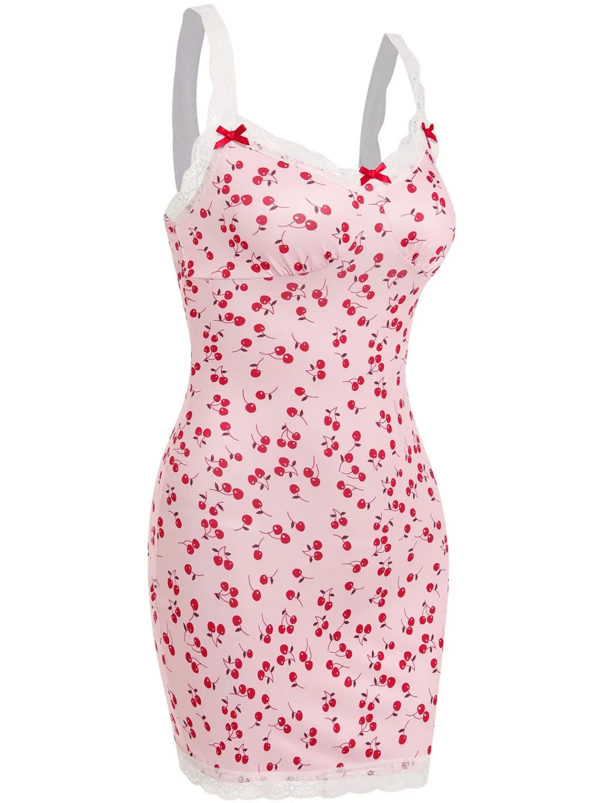 Fashion Retro Stage 1950s Cherry Lace Spaghetti Straps Sleepwear Pink