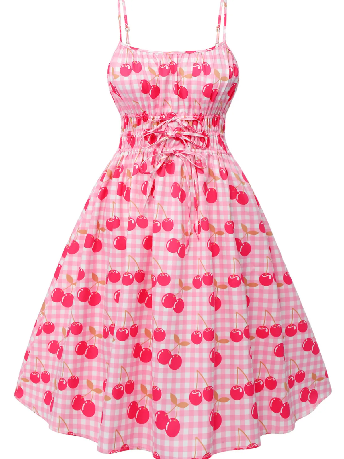Best Retro Stage 1950s Cherry Spaghetti Strap Dress Pink