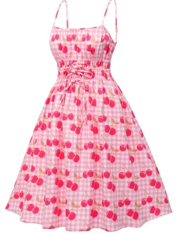 Best Retro Stage 1950s Cherry Spaghetti Strap Dress Pink