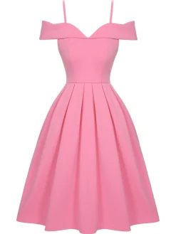 Sale Retro Stage 1950s Cold Shoulder Solid Dress Pink