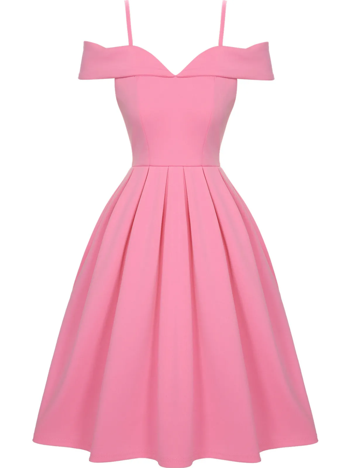 Sale Retro Stage 1950s Cold Shoulder Solid Dress Pink