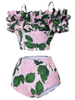 Hot Retro Stage 1950s Cold-Shoulder Floral Ruffle Swimsuit Pink