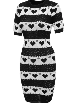 Discount Retro Stage Pink 1960s Contrasting Heart Knitting Dress