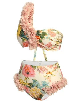 Outlet Retro Stage 1950s 3D Lace Floral One-Shoulder Swimsuit Pink