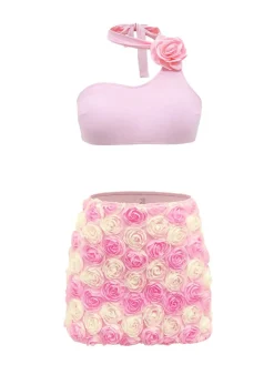 Hot Retro Stage 1960s 3D Roses Halter Bikini Set & Cover-Up Pink