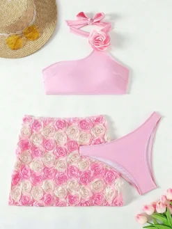 Hot Retro Stage 1960s 3D Roses Halter Bikini Set & Cover-Up Pink